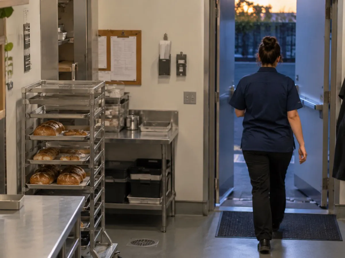 Back-door camera: a staff member leaving through the kitchen door at the end of a shift